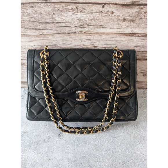 CHANEL Handbags - RARE Vintage Chanel Paris Limited 26cm Double Flap Two-Tone CC Black Lambskin